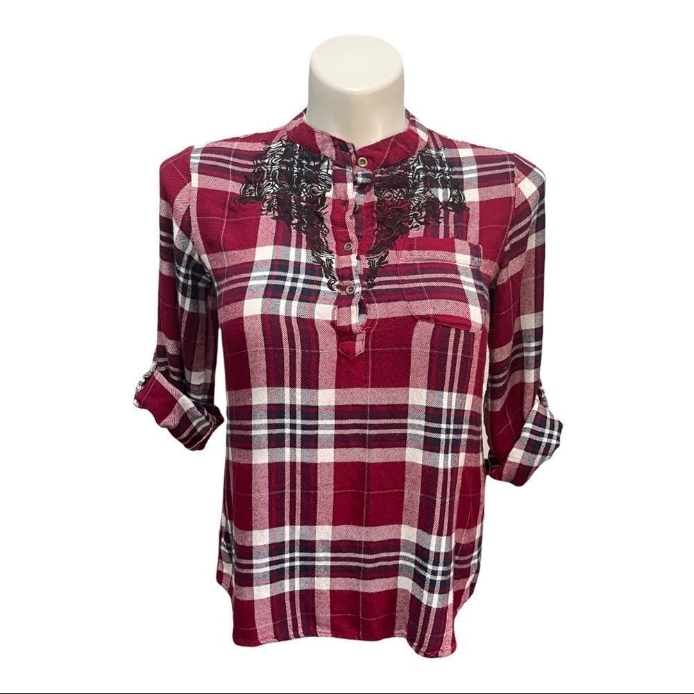 𝅺jane Ashley‎ Plaid Flannel Roll Tab Sleeve Top S